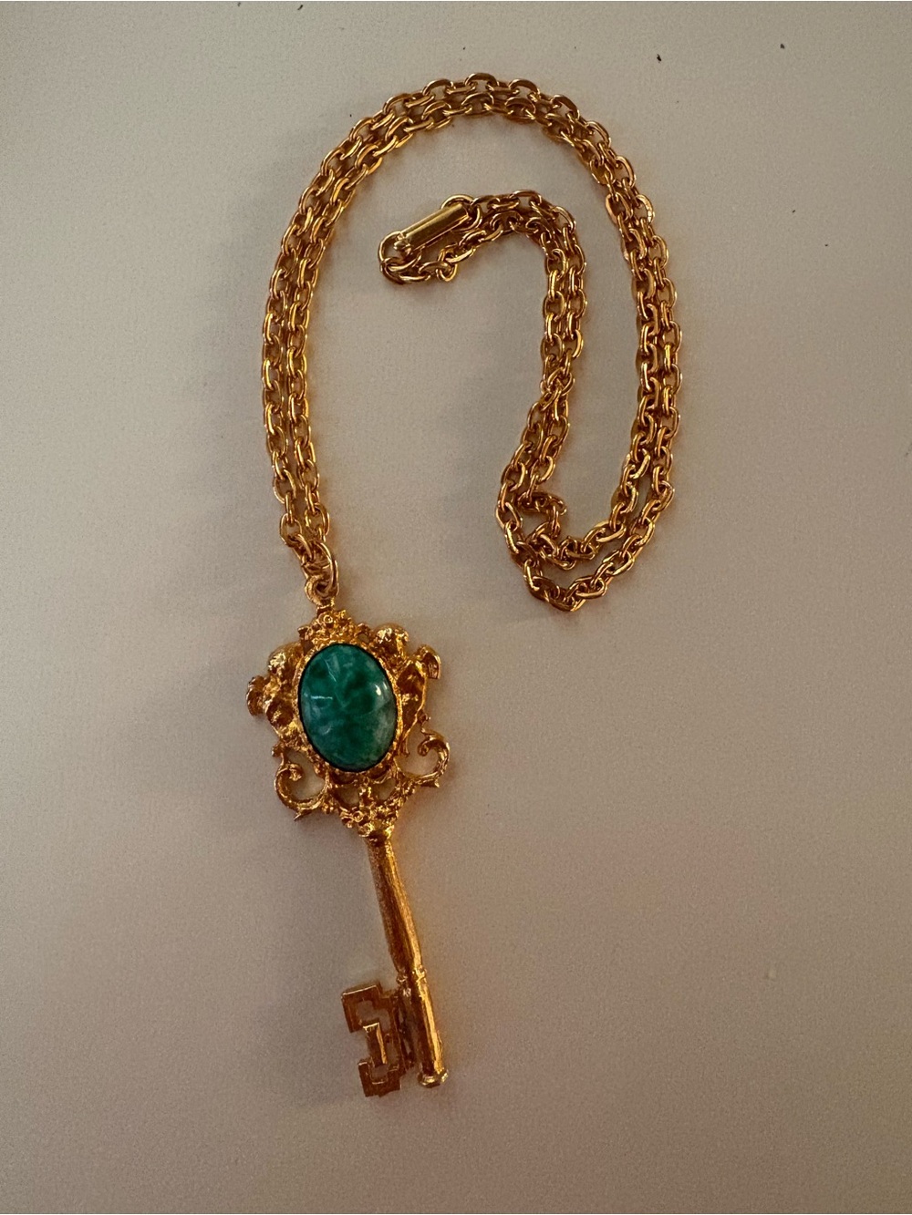 Vintage skeleton Key Pendant Necklace with Green Stone Gold Tone